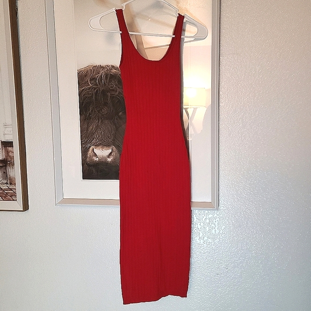 Red Ribbed Knit Midi Dress - Size Small
